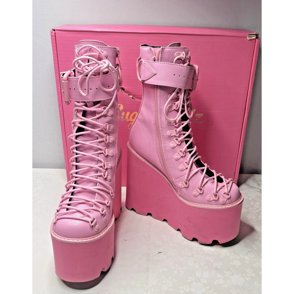 Sugar Thrillz Pink Platform Boots Size 7M Y2K Goth Rave Chunky Wedge Lace Up - Picture 2 of 14